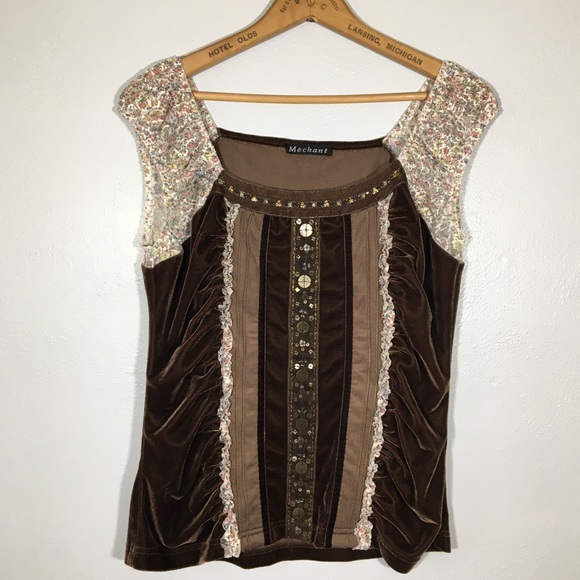 Mechant Tops - Brown and Pink Tank Off the Shoulder Metallic Gold